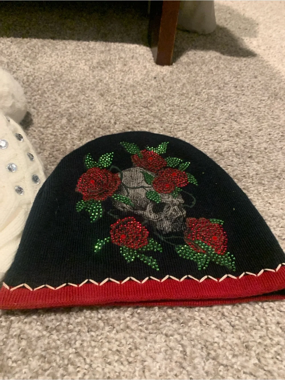 Sinful Black Beanie Hat with Red Roses and Green Leaves a beanie duo!